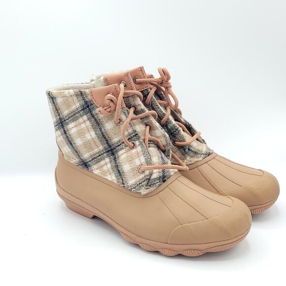 Sperry Saltwater Plaid Wool Duck Boots Tan Waterproof Winter women's size 8 - Picture 2 of 9